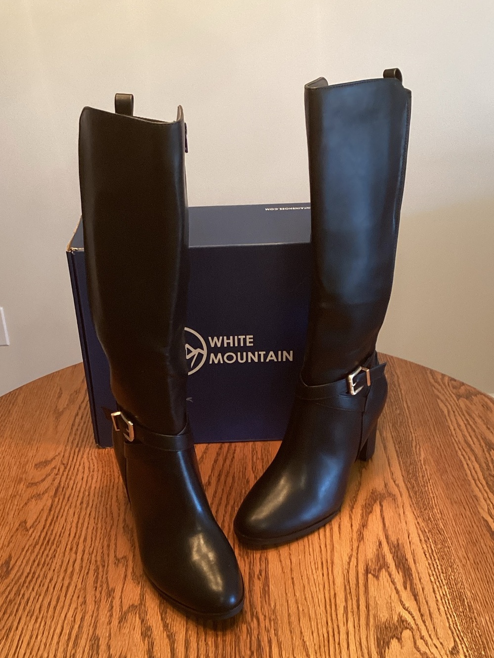White Mountain Black Knee-High Block Heel Boots with Buckle